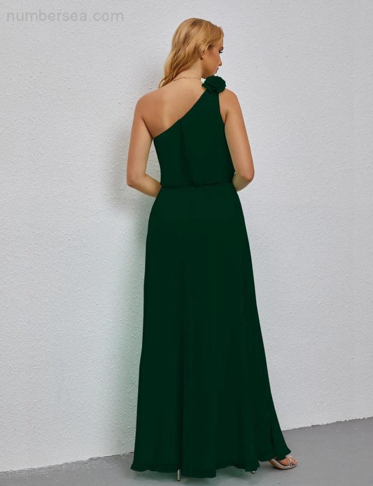 Ruffled One Shoulder Sleeveless Long Bridesmaid Dresses A-line Formal Evening Gown Side Split 28080 (ZD17018)