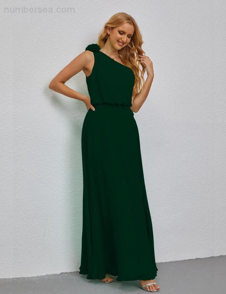 Ruffled One Shoulder Sleeveless Long Bridesmaid Dresses A-line Formal Evening Gown Side Split 28080 (ZD17018)