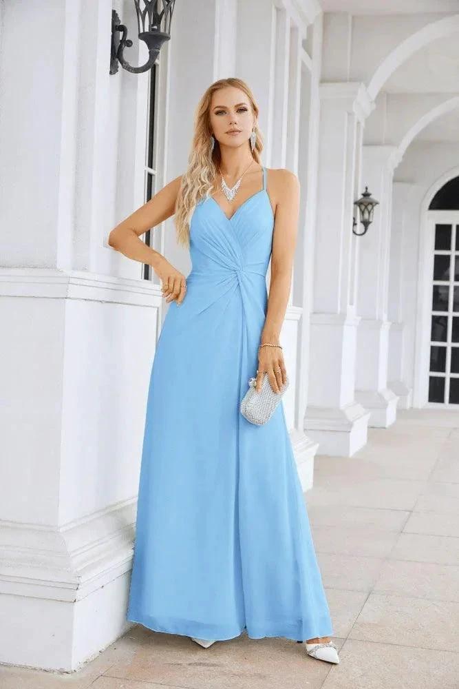 Ladies Chiffon Spaghetti Strap V Neck Front Slit Floor Length Bridesmaid Evening Dress Prom Party Wedding Evening Dress 28116 by numbersea