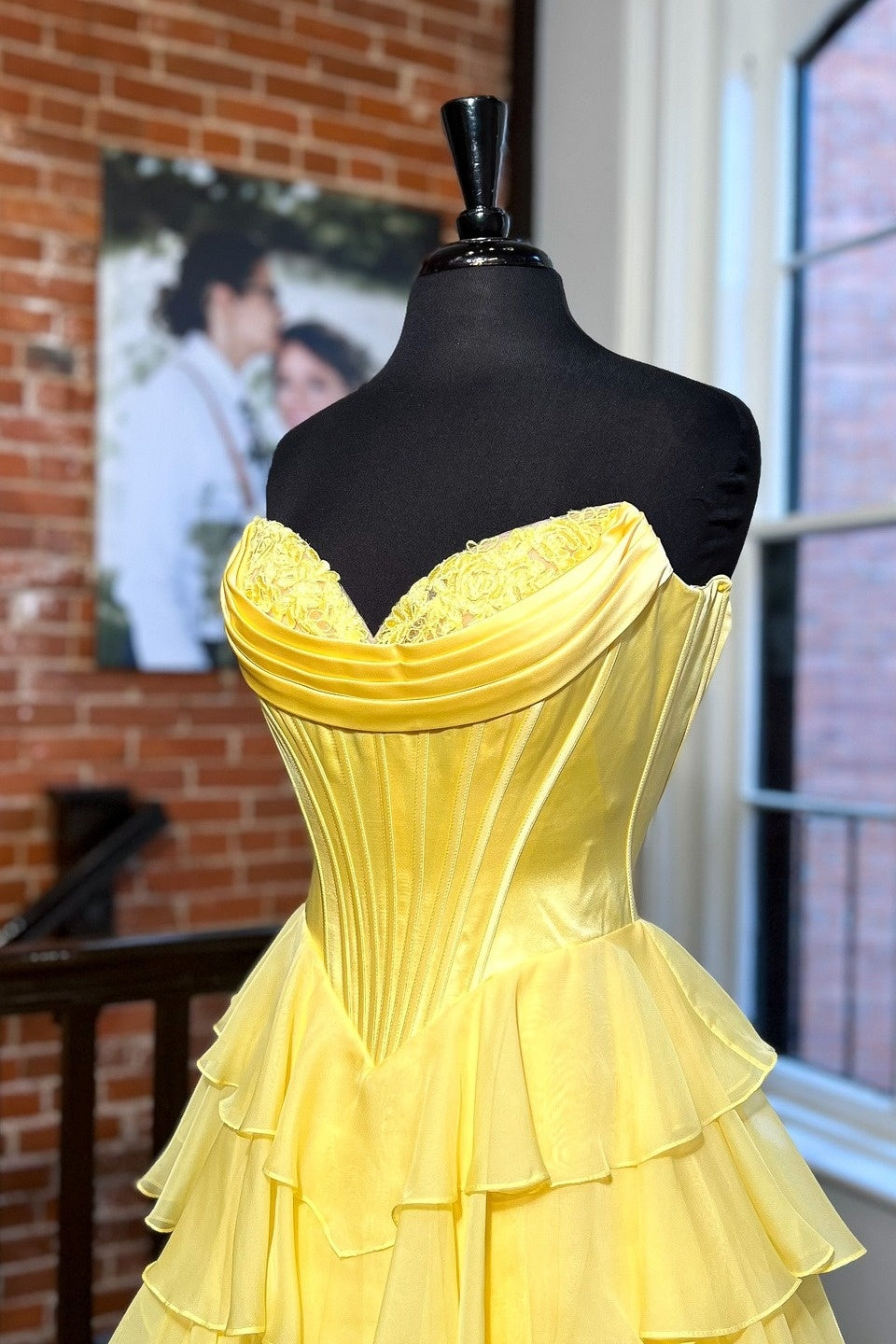 Lovely Yellow A-Line Sweetheart Long Tiered Prom Dress with Slit - View 9 | FashionDia