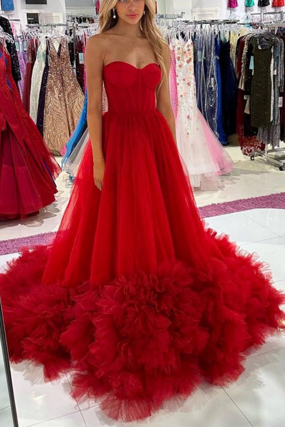 Charming A-Line Sweetheart Red Corset Prom Dress with Ruffles - FashionDia