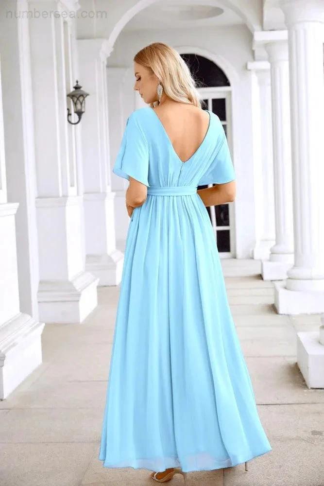 Ladies Chiffon Sleeve Crew Neck Front Slit Floor Length Bridesmaid Evening Dress Wedding Party Evening Dress 28124 (ZD17007)