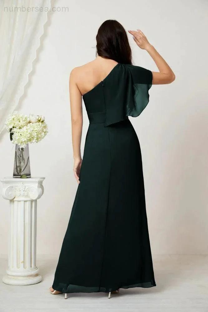 ZapDress Chiffon Ruffled One Shoulder Long Bridesmaid Dresses A-line Formal Evening Gown Side Split 2809 (ZD17049)