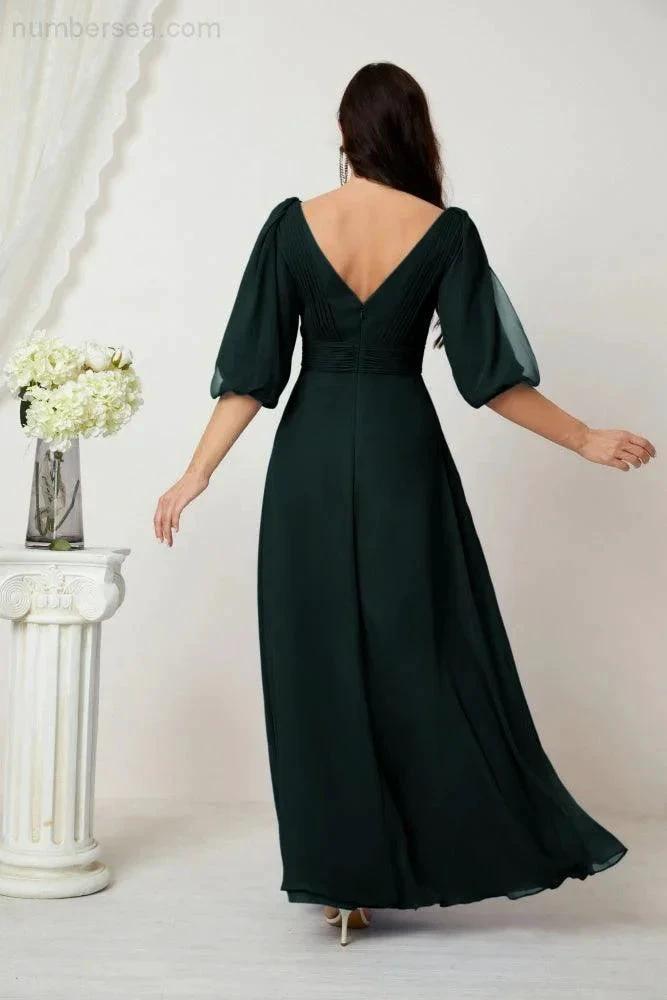 ZapDress Formal Prom Gown Women V-Neck Chiffon Bridesmaid Dresses Long Bishop Sleeve Party Dress 2807 (ZD17027)