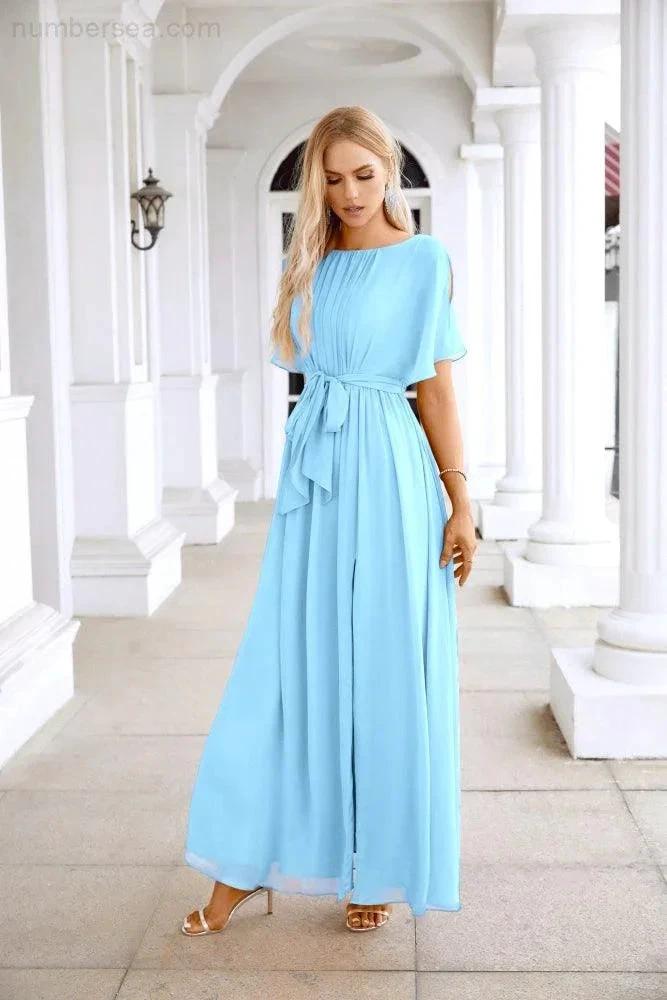 Ladies Chiffon Sleeve Crew Neck Front Slit Floor Length Bridesmaid Evening Dress Wedding Party Evening Dress 28124 (ZD17007)