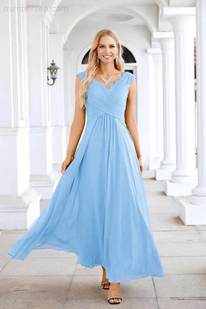 Ladies Chiffon V Neck Sleeveless Floor Length Bridesmaid Evening Dress Wedding Party Evening Dress 28126 (ZD16989)