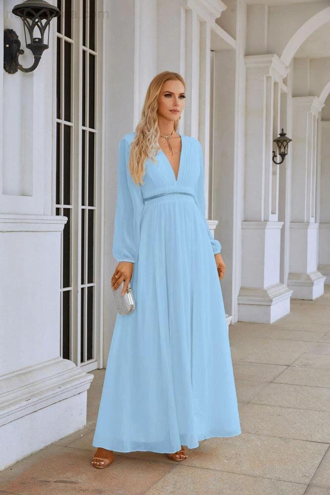 Ladies V Neck Chiffon Long Sleeve Front Slit Bridesmaid Evening Dress Wedding Party Shopping Evening Dress 28109 (ZD16991)