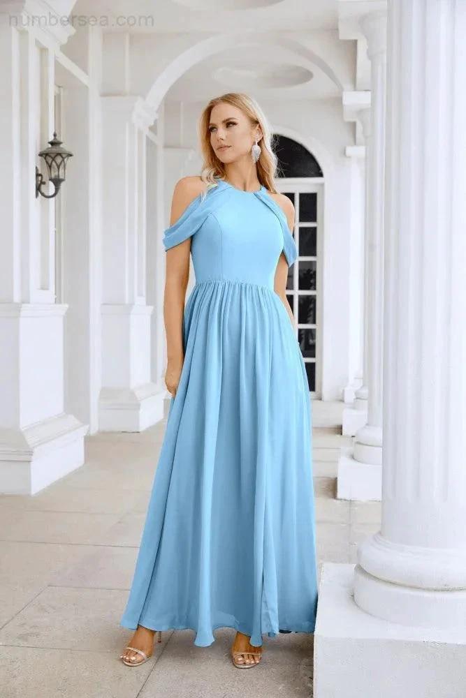 Ladies Chiffon Off Shoulder Swing Sleeve Front Slit Bridesmaid Evening Dress Wedding Party Evening Dress 28117 (ZD17011)