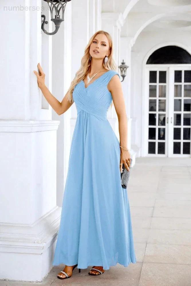 Ladies Chiffon V Neck Sleeveless Floor Length Bridesmaid Evening Dress Wedding Party Evening Dress 28126 (ZD16989)