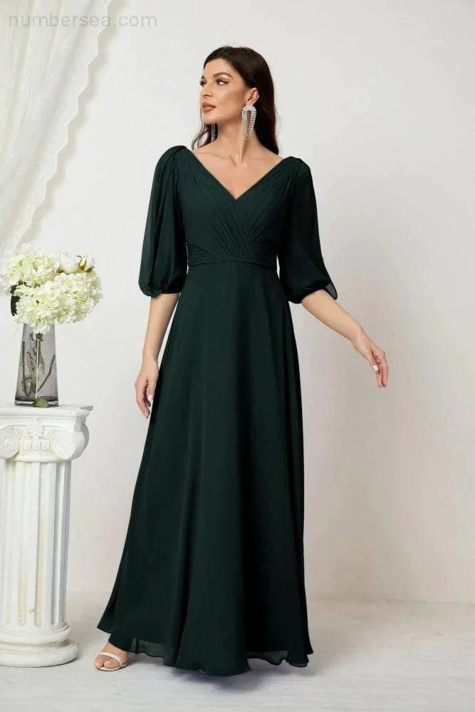 ZapDress Formal Prom Gown Women V-Neck Chiffon Bridesmaid Dresses Long Bishop Sleeve Party Dress 2807 (ZD17027)