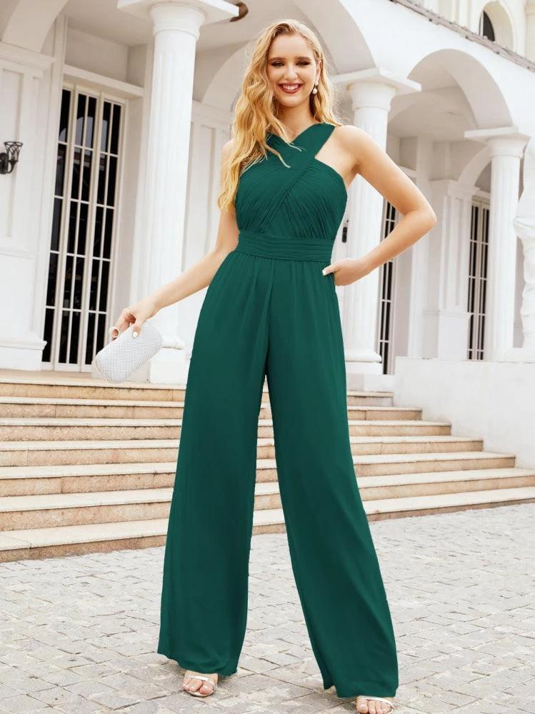 Numbersea Crisscross Neck Jumpsuit Formal Evening Dress Long Bridesmaid Dresses Bell-bottomed Pants 28033 by numbersea