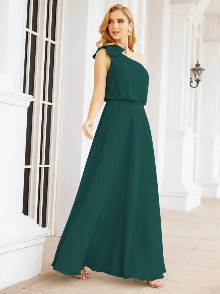 Numbersea Chiffon Ruffled One Shoulder Sleeveless Long Bride Dresses A-line Formal Evening Gown Side Split 28057 by numbersea