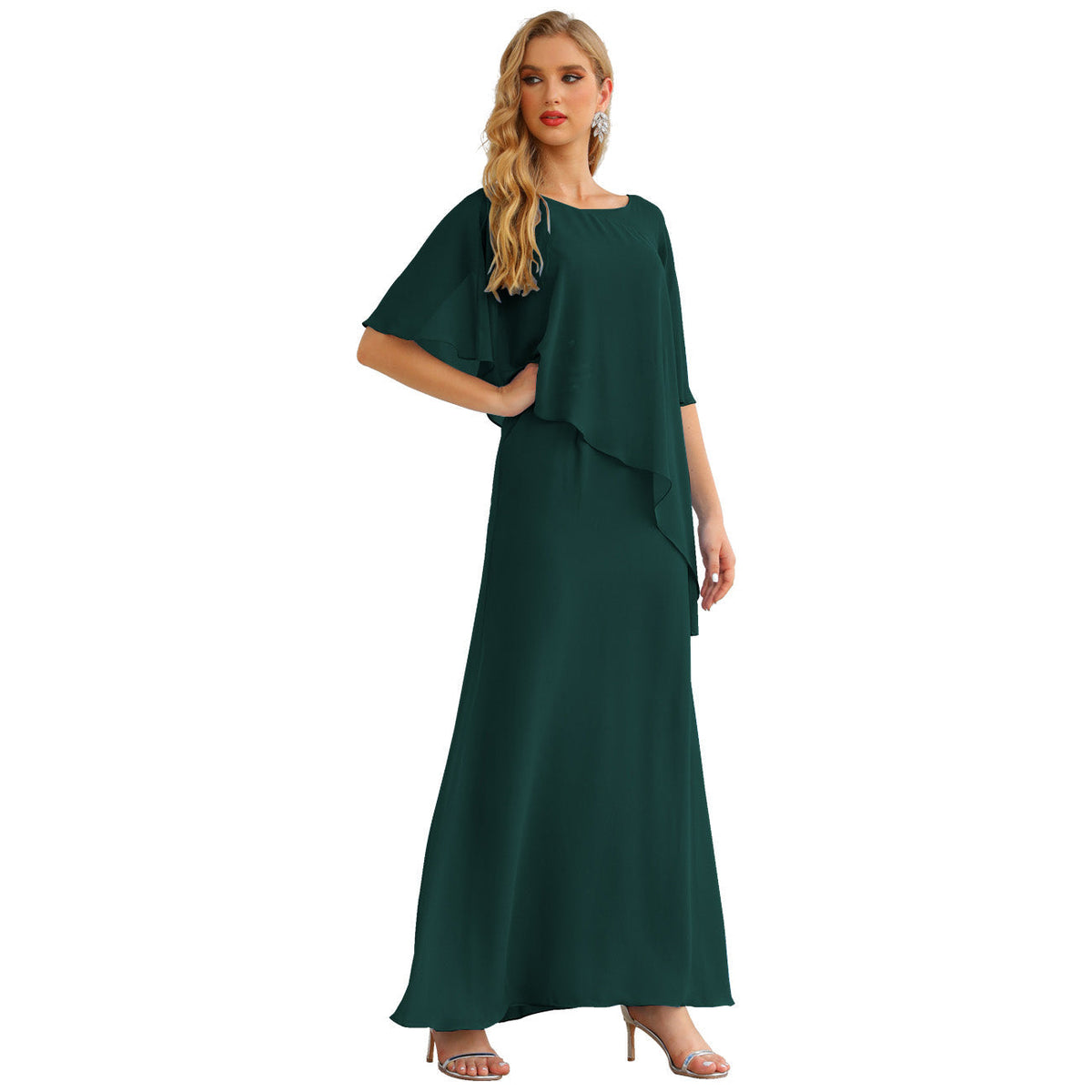 Sunnderly Chiffon Plus Size Mother of The Bride Dresses Formal Prom Gown Ruffle Cape - View 14 | VelvetHem