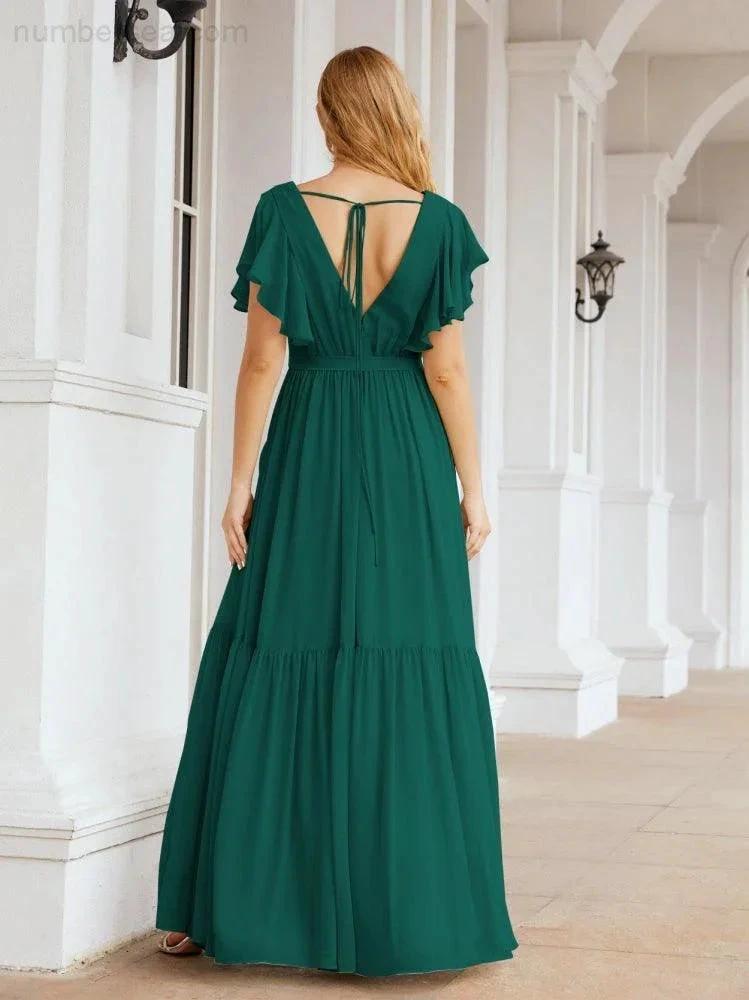 ZapDress Women's Open Back Formal Evening Party Prom Gowns V-Neck Long Chiffon Bridesmaid Dresses with Waist Belt 28038 (ZD17000)