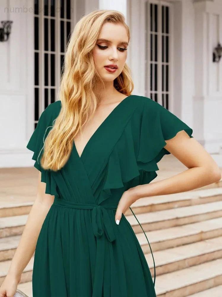 ZapDress Women's Open Back Formal Evening Party Prom Gowns V-Neck Long Chiffon Bridesmaid Dresses with Waist Belt 28038 (ZD17000)