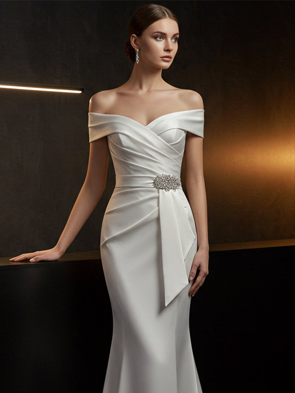Elegant Evening Satin Dress Off-Shoulder Mermaid White Sash Rhinestone Dress - View 2 | FashionDia