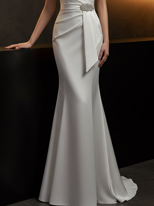 Elegant Evening Satin Dress Off-Shoulder Mermaid White Sash Rhinestone Dress - View 3 | FashionDia