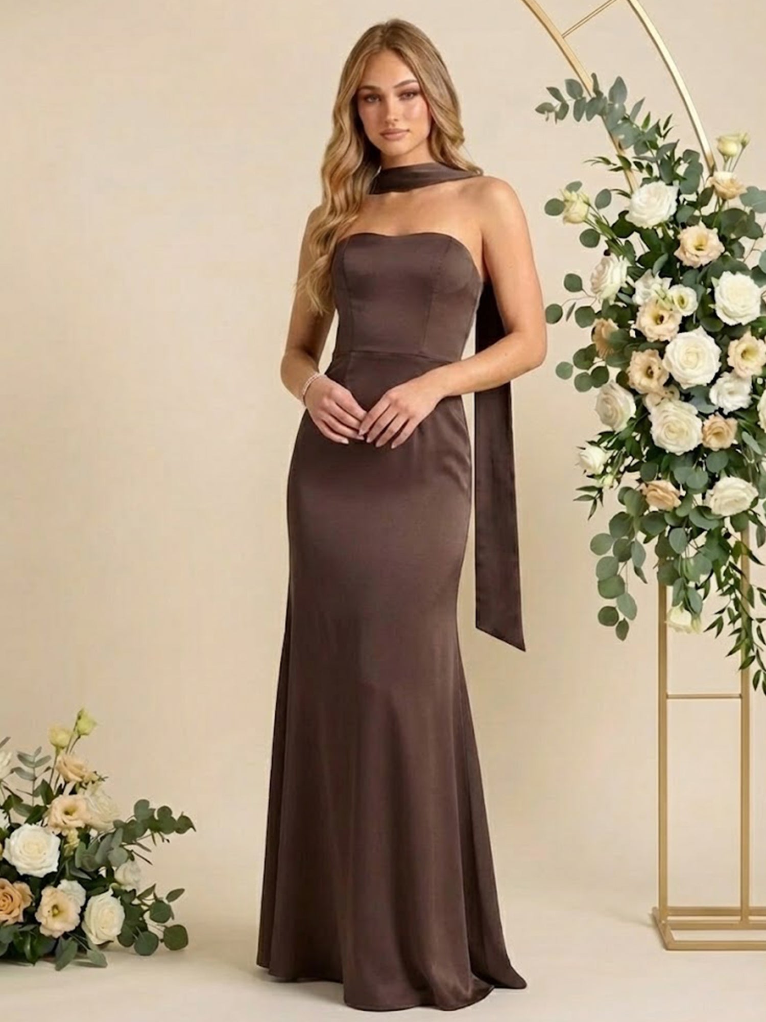 Elegant Chocolate Brown Strapless Satin Sheath Prom Gown with Matching Neck Scarf