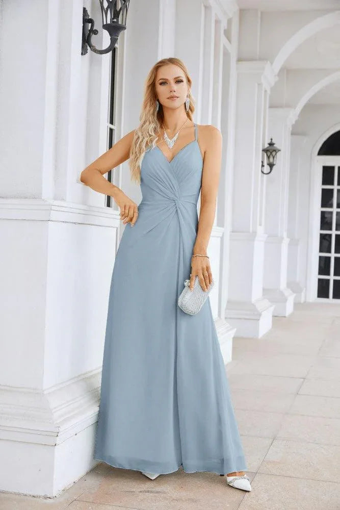 Ladies Chiffon Spaghetti Strap V Neck Front Slit Floor Length Bridesmaid Evening Dress Prom Party Wedding Evening Dress 28116 (ZD17012)