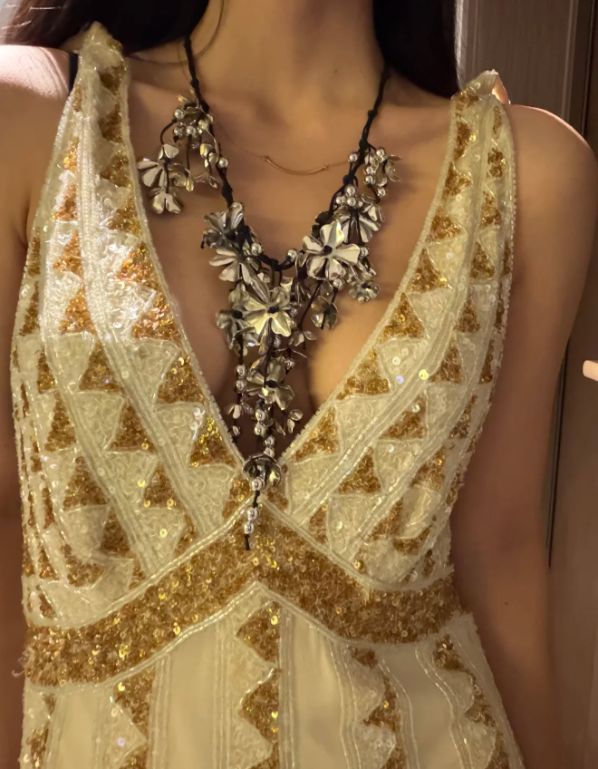 Vintage Champagne Gold Mermaid V-Neck Sequined Prom & Evening Dress - View 3 | FashionDia