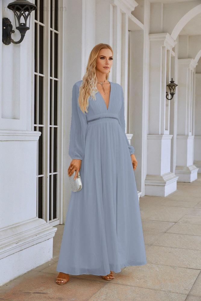 Ladies V Neck Chiffon Long Sleeve Front Slit Bridesmaid Evening Dress Wedding Party Shopping Evening Dress 28109 (ZD16991)