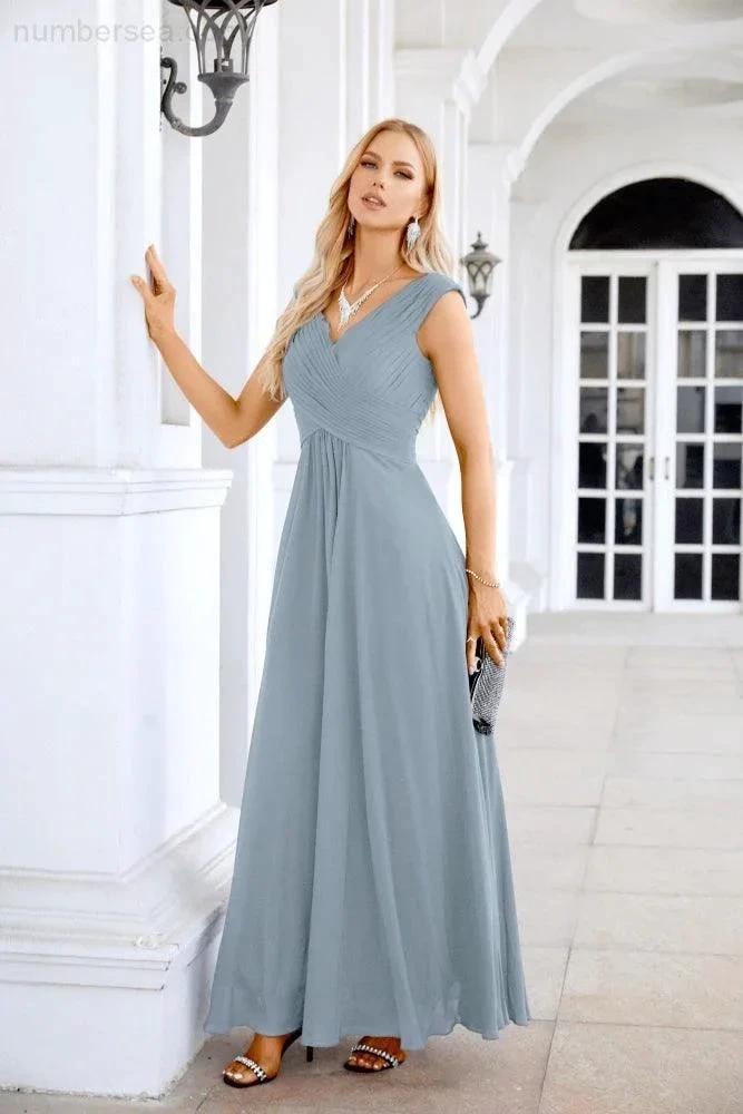 Ladies Chiffon V Neck Sleeveless Floor Length Bridesmaid Evening Dress Wedding Party Evening Dress 28126 (ZD16989)