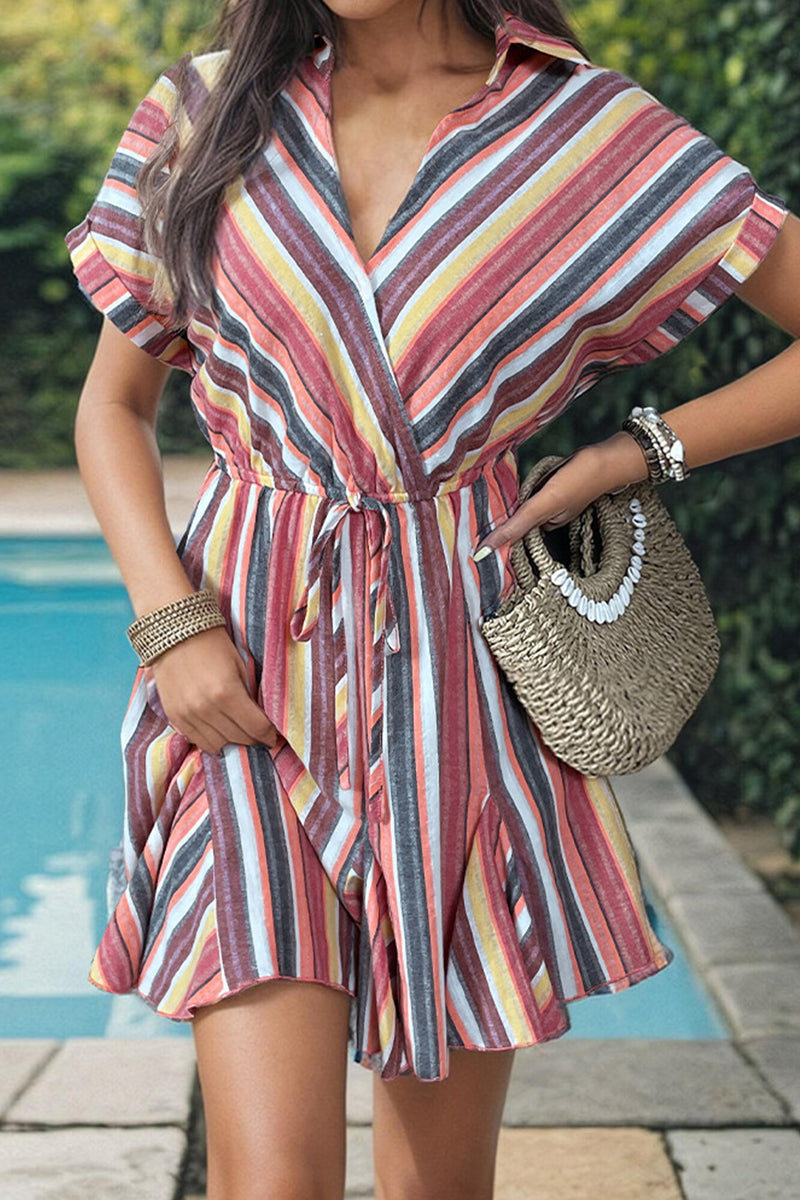 Wisteria Luxe Casual Striped Printed Dresses with Frenulum and V Neck Designer Edit