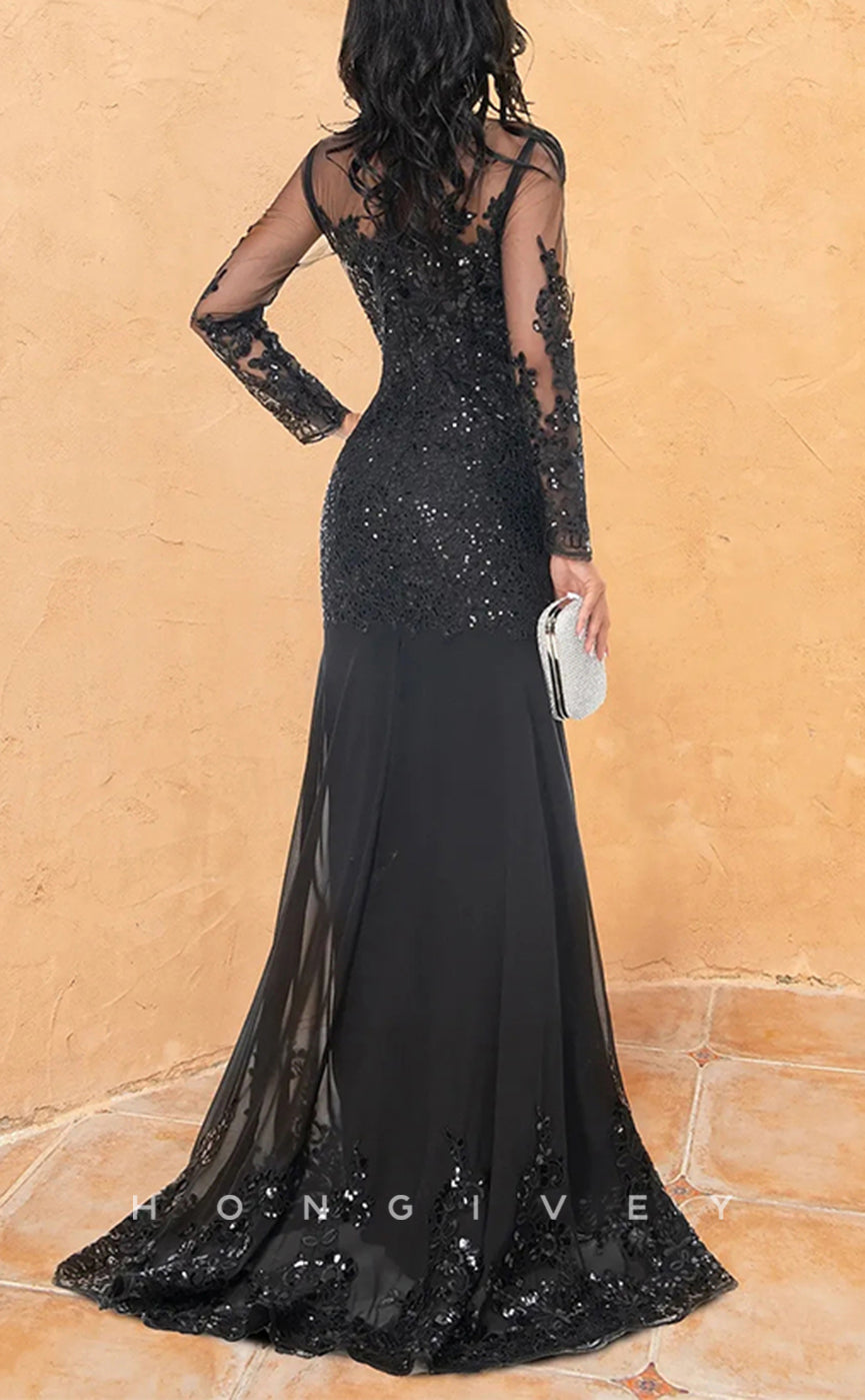 HM243 - Glitter Trumpet Round Long Sleeves Appliques Mother of the Bride Dress