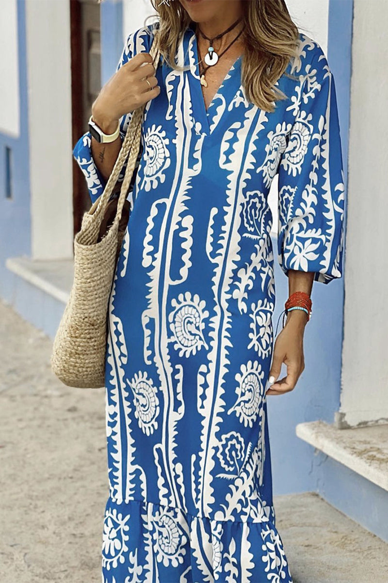 Gladys Elevated Casual Vintage Dresses with Geometric Print and V Neck in a Line Boutique Collection