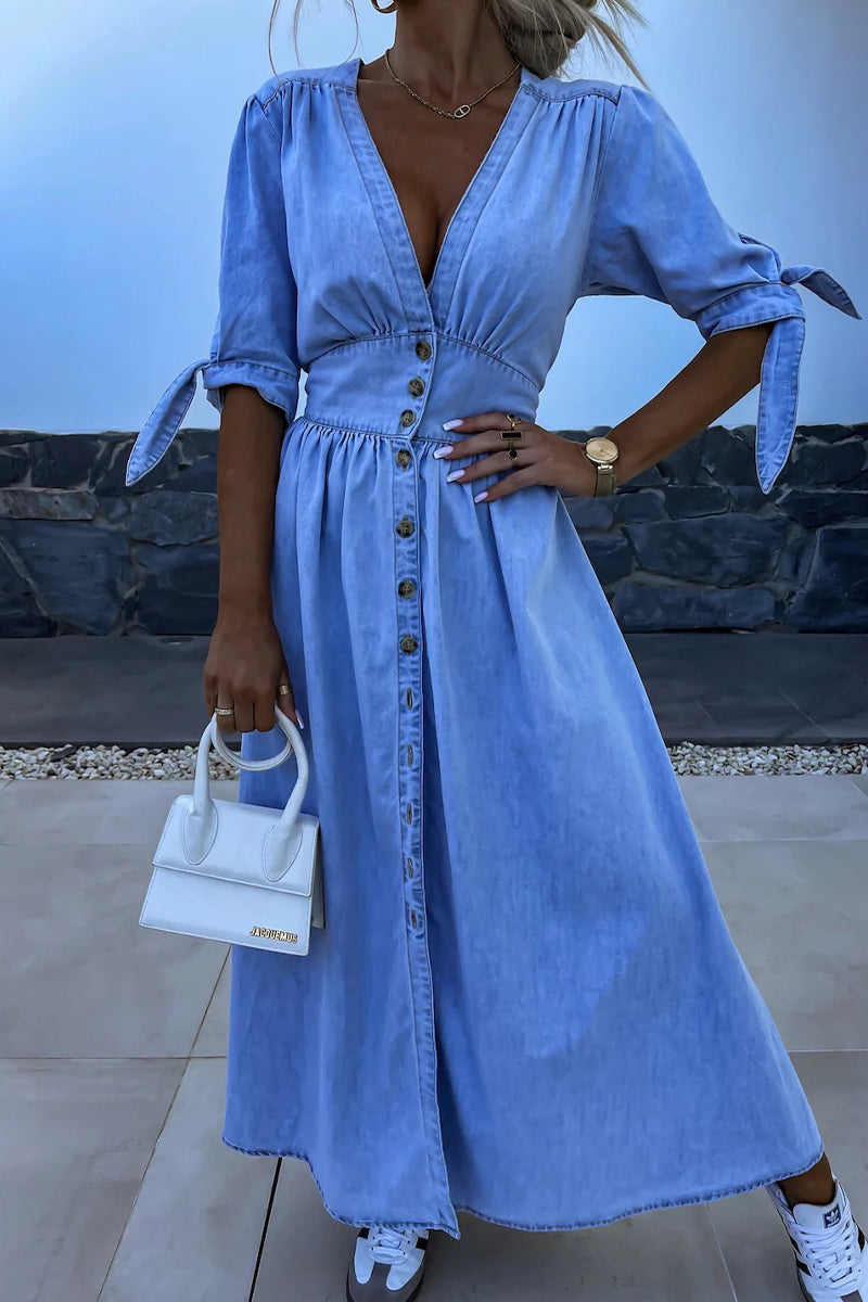 Alina Chic Solid Color Loose Denim Dresses with V Neck, Half Length Sleeves and Buckle Premium Wardrobe Essential