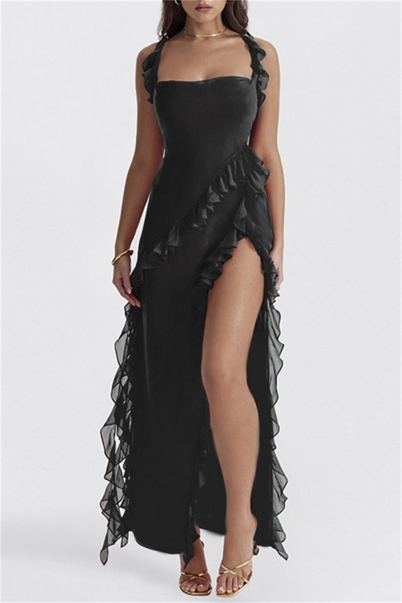 Sexy Casual Solid Patchwork Backless Slit Spaghetti Strap Long Dresses(3 Colors) - Fashionpara