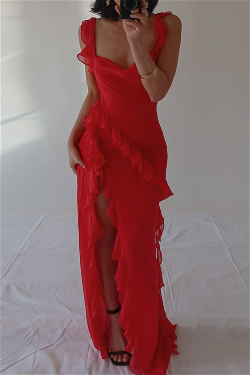 Sexy Casual Solid Patchwork Backless Slit Spaghetti Strap Long Dresses(3 Colors) - Fashionpara