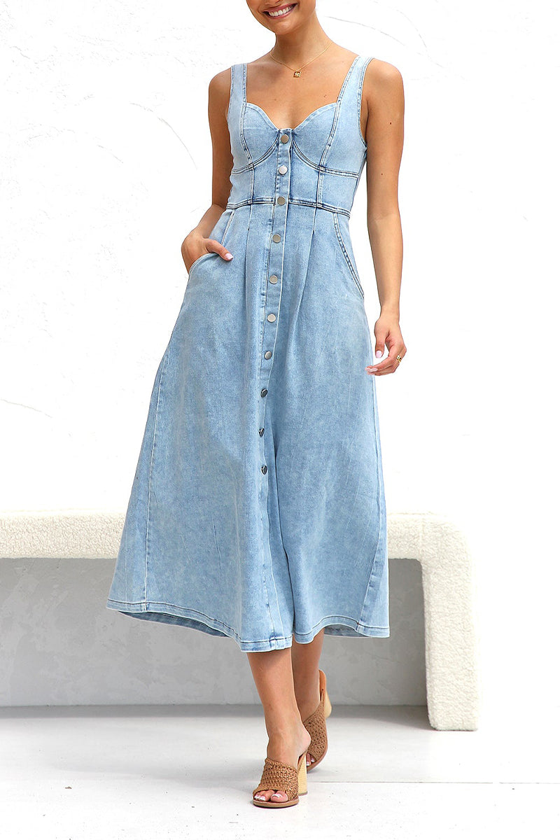 Angeline's Minimalist Solid Color Sleeveless Loose Denim Dresses with Pocket Buckle and V Neck Boutique Collection