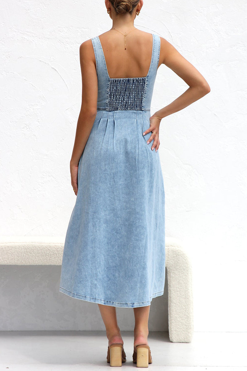 Angeline's Minimalist Solid Color Sleeveless Loose Denim Dresses with Pocket Buckle and V Neck Boutique Collection