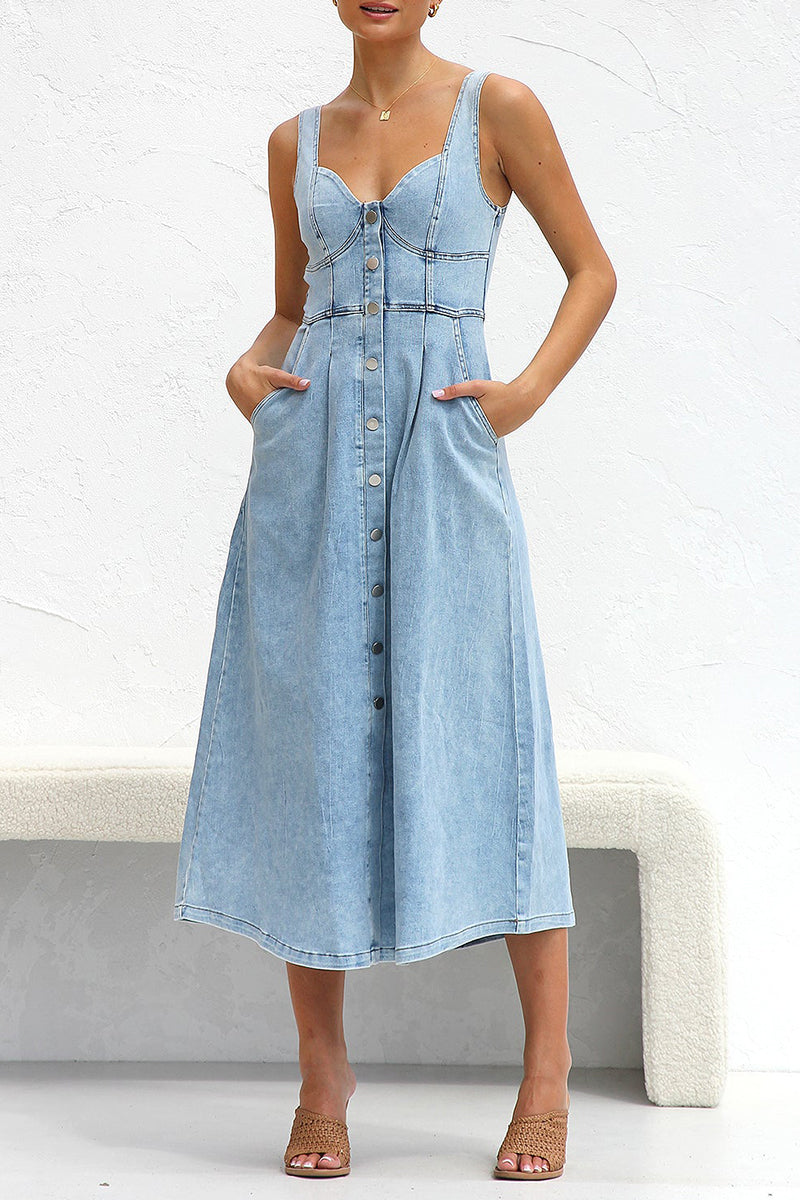Angeline's Minimalist Solid Color Sleeveless Loose Denim Dresses with Pocket Buckle and V Neck Boutique Collection
