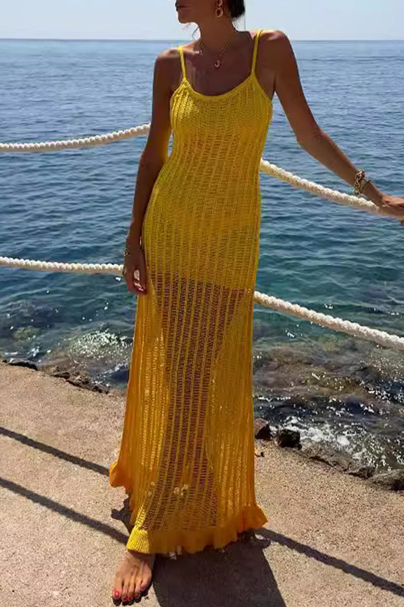 Nicolasa Chic Solid Color Scoop Neck Hollow Out Sling Dresses for Vacation Silhouette Collection