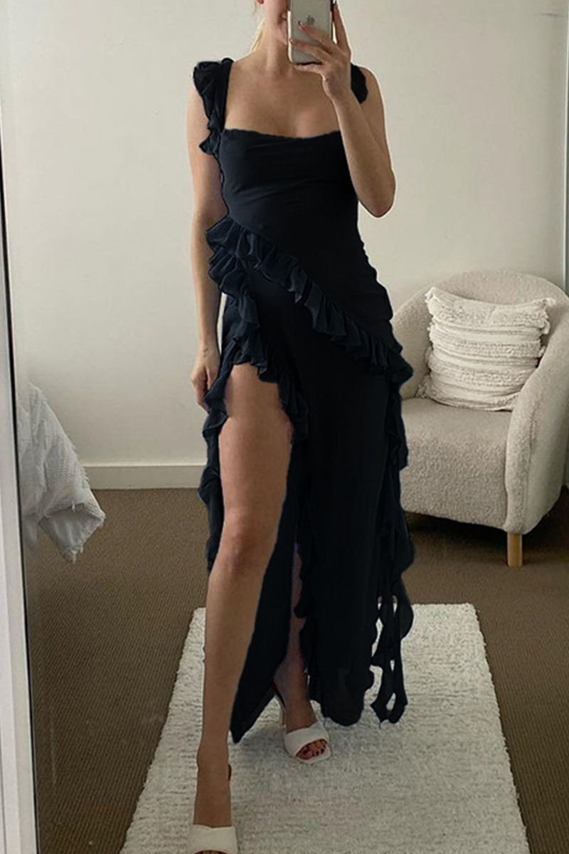 Sexy Casual Solid Patchwork Backless Slit Spaghetti Strap Long Dresses(3 Colors) - Fashionpara