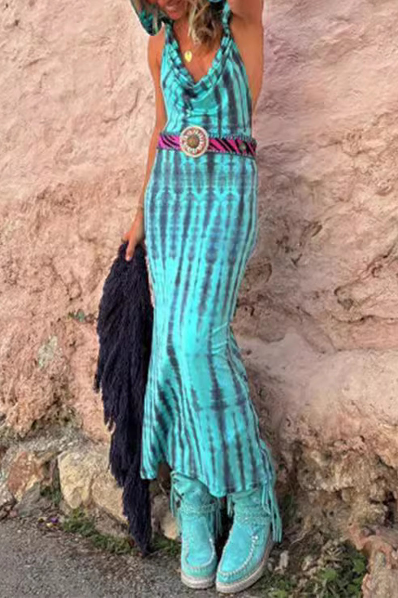 Katherine Minimalist Casual Bohemian Geometric Print Backless Hooded Collar One Step Skirt Dresses (without Belt) Elevated Occasion Wear