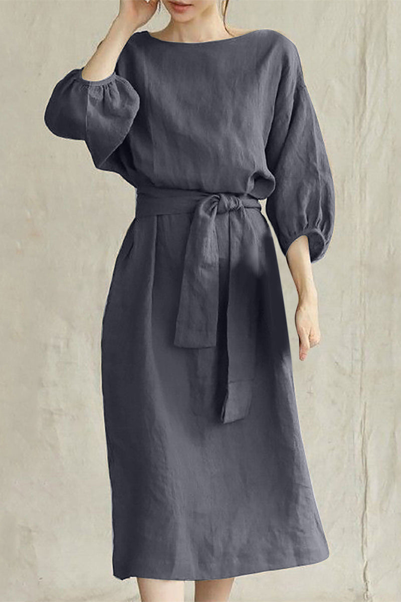 Beatrice Elevated Easygoing Half Sleeve Tie Waist Midi Dress Chic Silhouette Collection