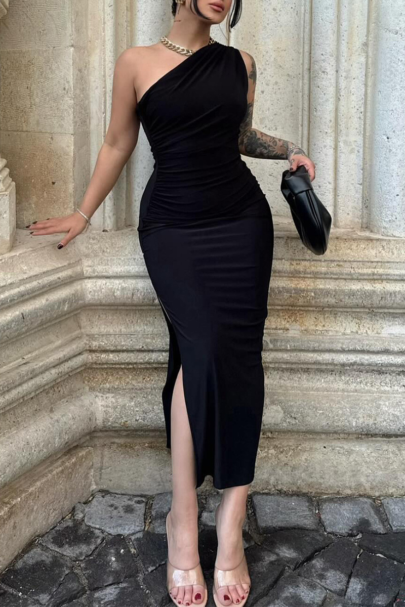 Viviana Elevated Solid Color Dresses with Slit, Slanted Collar and One Tiered Skirt Premium Wardrobe Essential