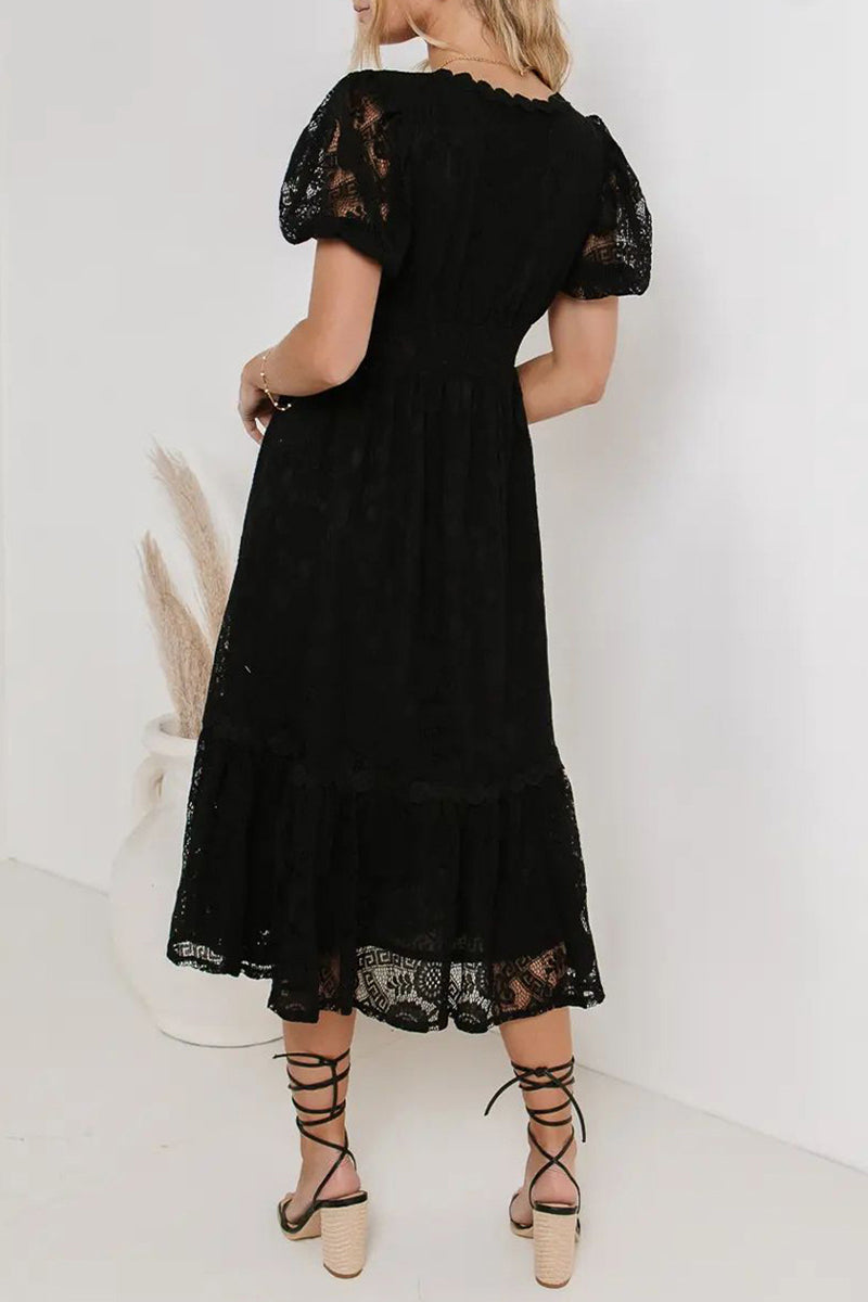 Casual Daily Solid Color Lace Buttons V Neck A Line Dresses(4 Colors) - Fashionpara