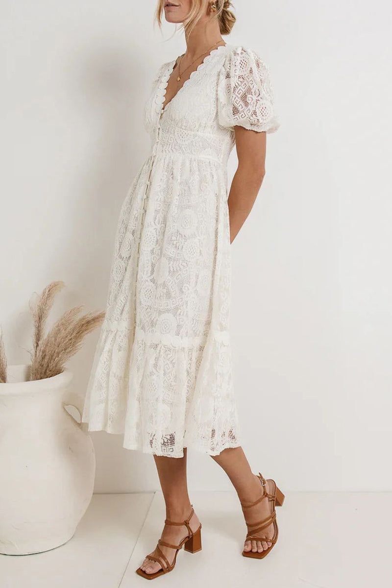 Casual Daily Solid Color Lace Buttons V Neck A Line Dresses(4 Colors) - Fashionpara