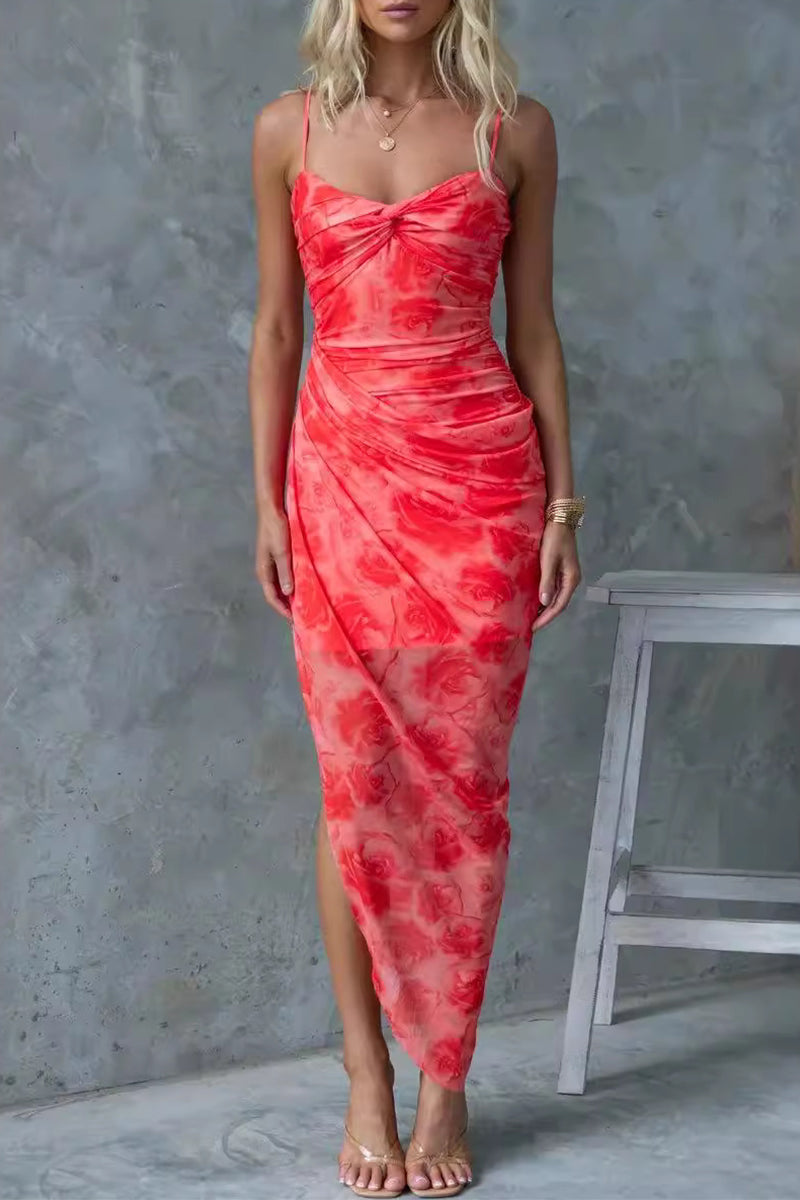 Diana Statement Holiday Floral Slit Irregular Contrast Sling Dresses Evening Wear Edit