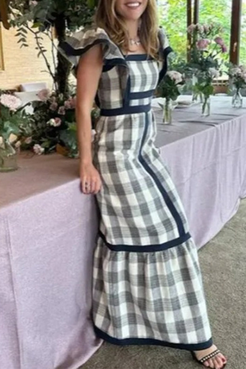 Casual Elegant Plaid Patchwork Flounce Square Collar A Line Dresses(3 Colors) - Fashionpara
