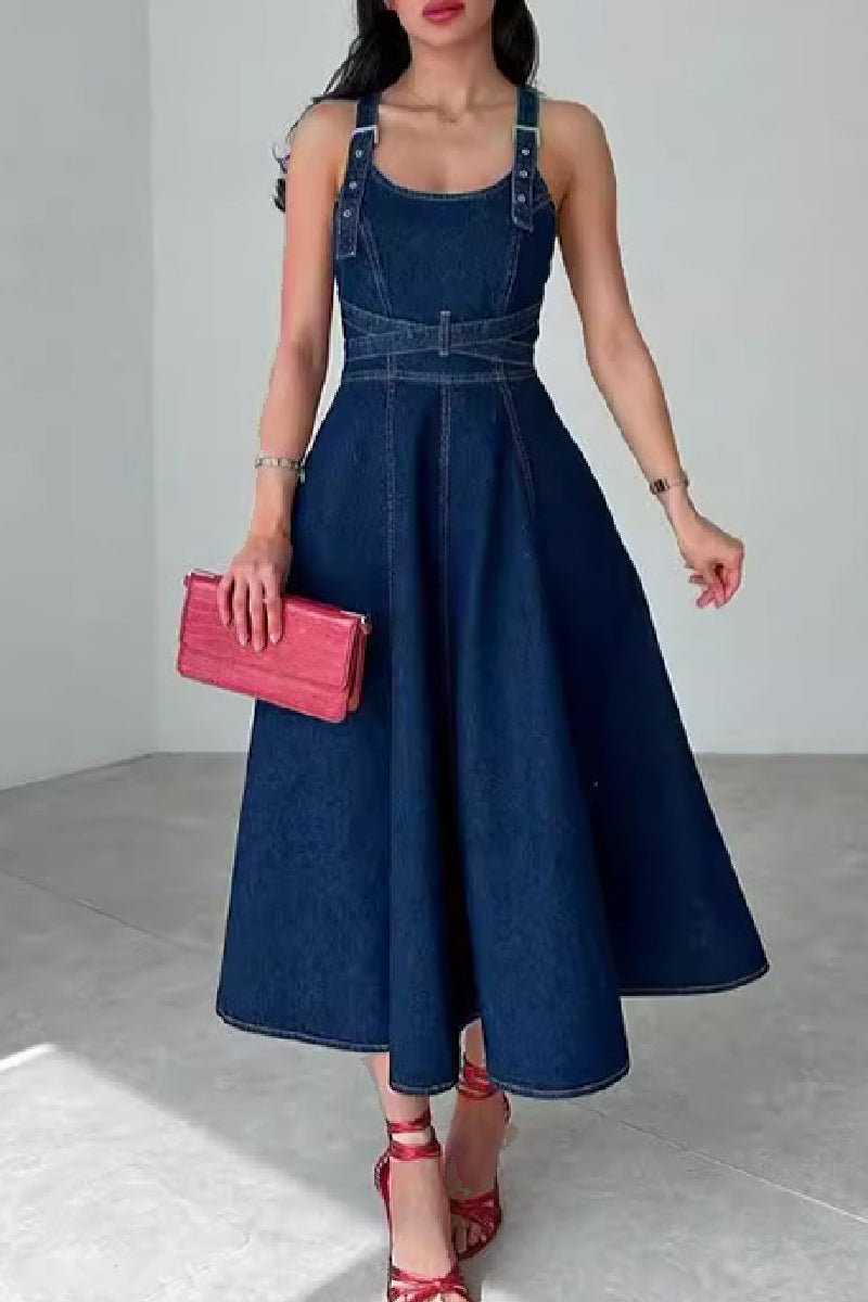 Mila Premium Casual Solid Color Sleeveless Scoop Neck Bodycon Denim Dresses Designer Dress Edit