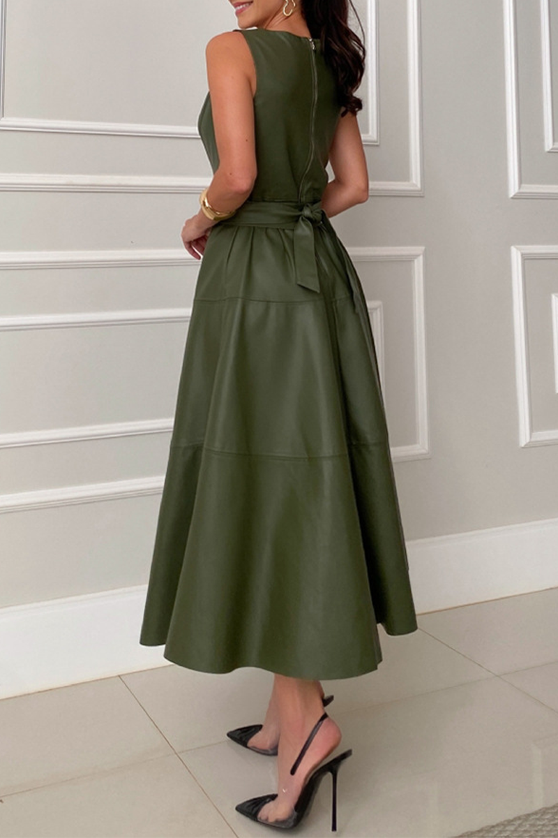 Rafaela Premium Casual Solid Color Sleeveless Patchwork Lace Up O Neck Dresses Wardrobe Essential