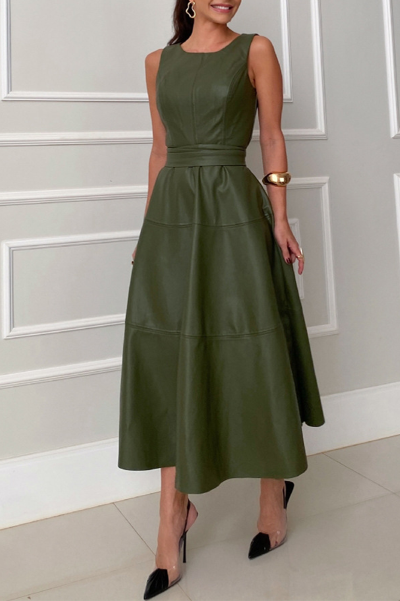 Rafaela Premium Casual Solid Color Sleeveless Patchwork Lace Up O Neck Dresses Wardrobe Essential