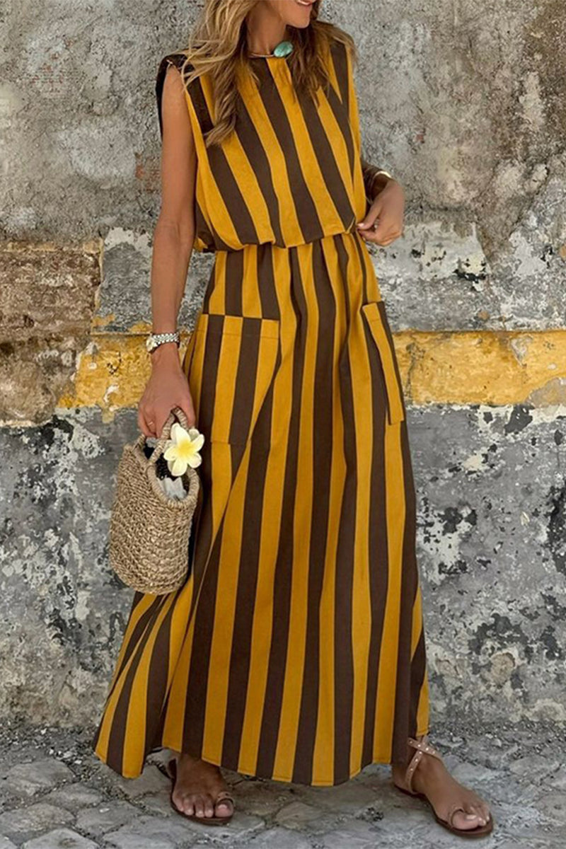 Marisol Luxe Casual Sleeveless Dresses with Striped Print and Pocket Contrast and O Neck Elevated Occasion Wear