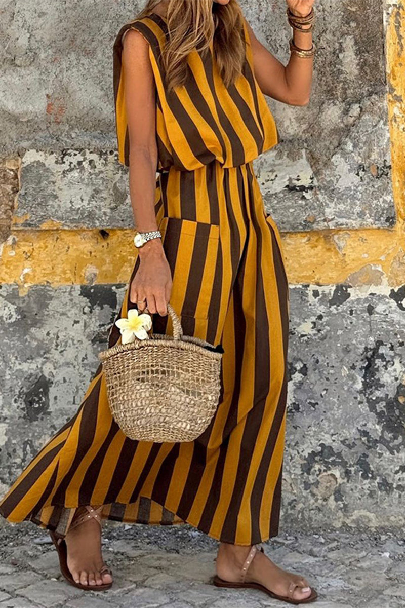 Marisol Luxe Casual Sleeveless Dresses with Striped Print and Pocket Contrast and O Neck Elevated Occasion Wear