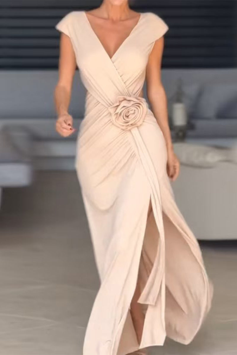 Dalia Boutique Floral Evening Dresses with Slit and Ruffles and V Neck Wear Edit